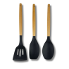 Set 3 Utensilio Para Cocina de Silicona Mangos en Madera de Bambú Apto Para Todas Las Ollas y Sartenes Negro