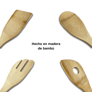 Set Utensilios y de Cocina Con Soporte en Madera de Bambú Apto Para Todas las Ollas y Sartenes