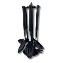 Set 6 Utensilios de Cocina Con Soporte Giratorio Resistente a Altas Temperaturas Negro