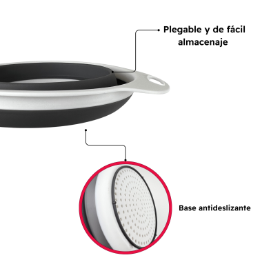 Colador de Cocina Plegable de Silicona Con Asas Para Escurrir Pasta Verduras y Frutas Gris y Blanco